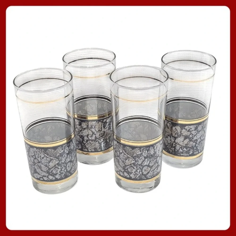 Vintage Snakeskin Tumbler Glasses Set‎ of 4 Gold Trim Retro Barware MCM 6 inch
